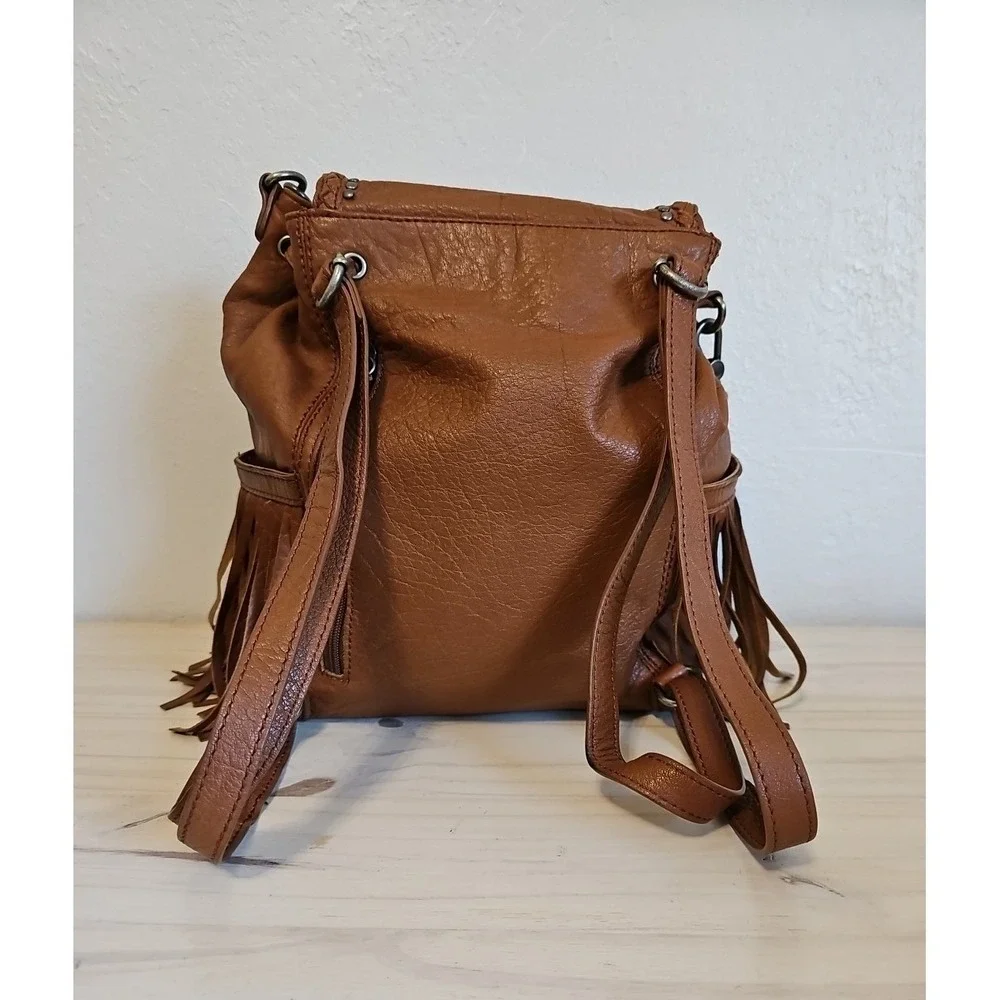 The Sak Avalon Fringed Convertible Cognac Brown Leather Backpack or Handbag